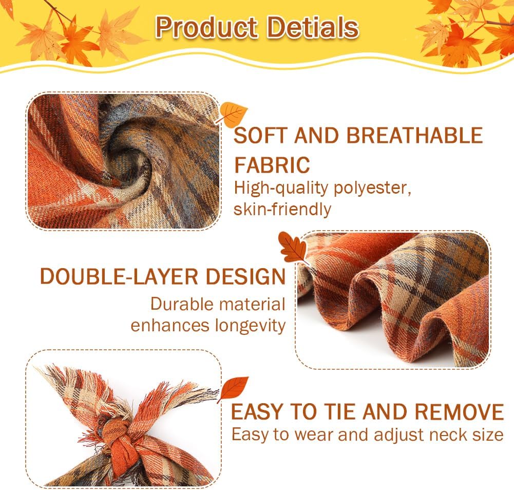 Product details of a soft, breathable fabric with double-layer design and ease of use on a yellow background with autumn leaves.
