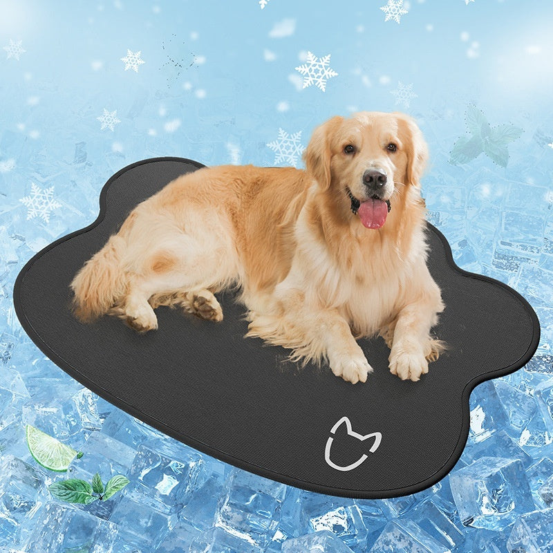 Dog lying on a black pet mat with a blue icy background