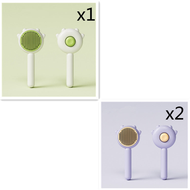 Two sets of pet grooming tools with green and white design on a light green background, and purple and gold design on a light purple background.