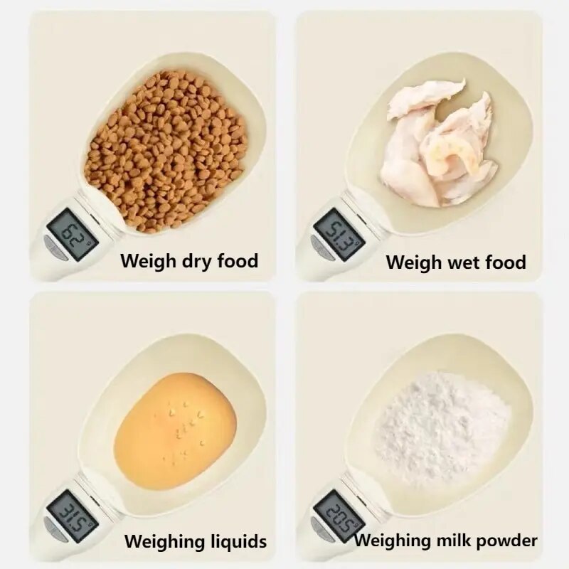 Pet food scale spoon handle with control buttons for easy operation and measurement