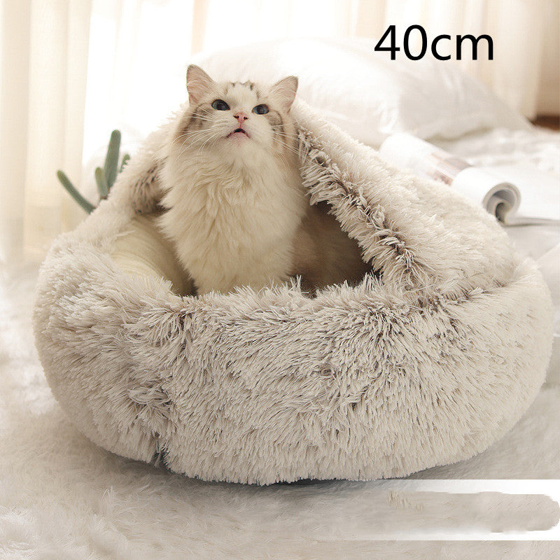 Cat sitting in a fluffy pet bed with dimensions indicated