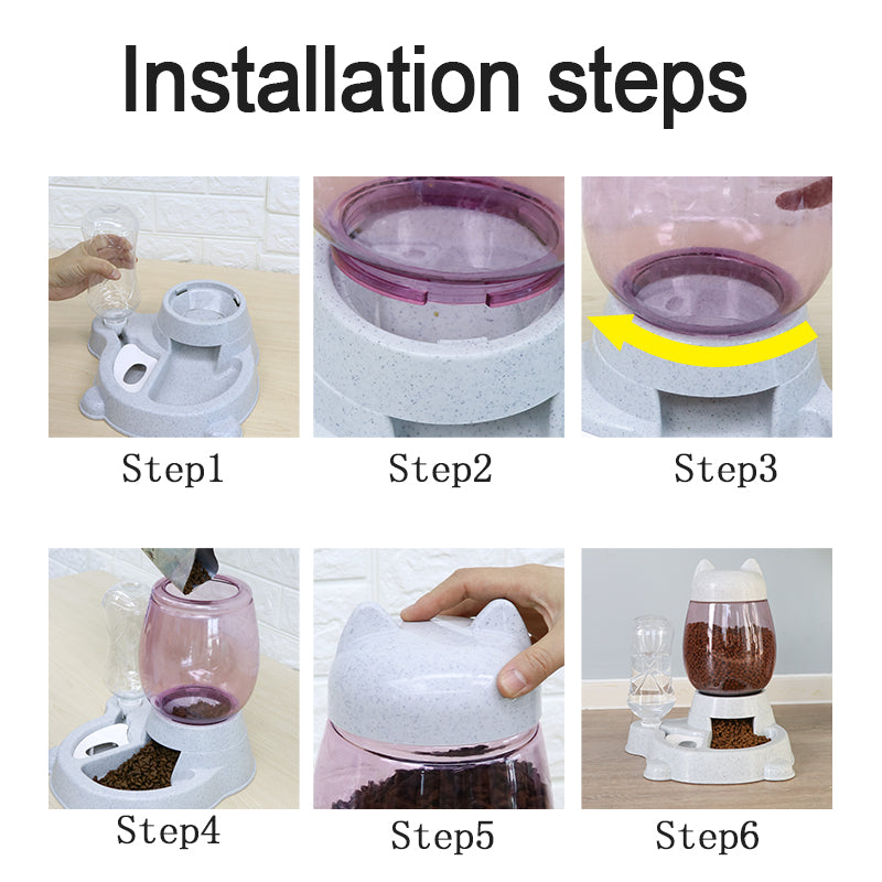 Step-by-step installation guide for a pet feeder with images and text labels.