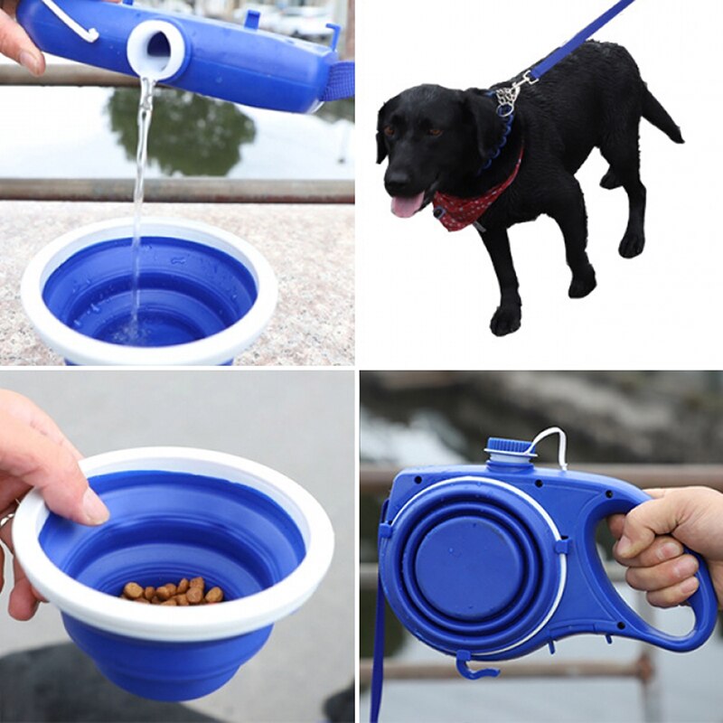 Collapsible blue pet water bowl and leash set with a dog drinking water.