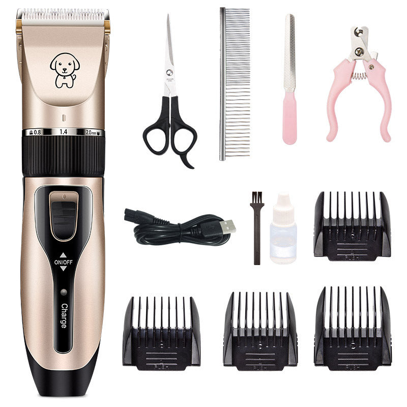 Pet grooming kit with clipper, scissors, comb, nail trimmer, and attachments on a white background