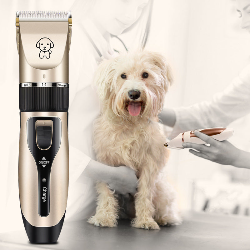 Dog grooming clipper next to a dog being groomed by a person.