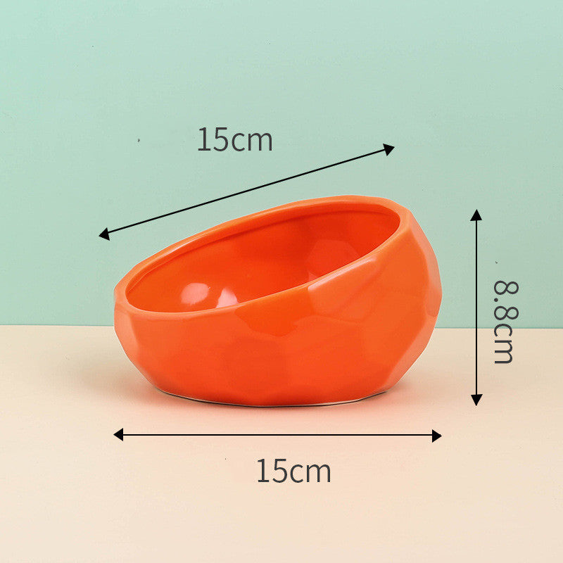 Small dog using ceramic oblique feeding bowl for comfortable and healthy eating posture