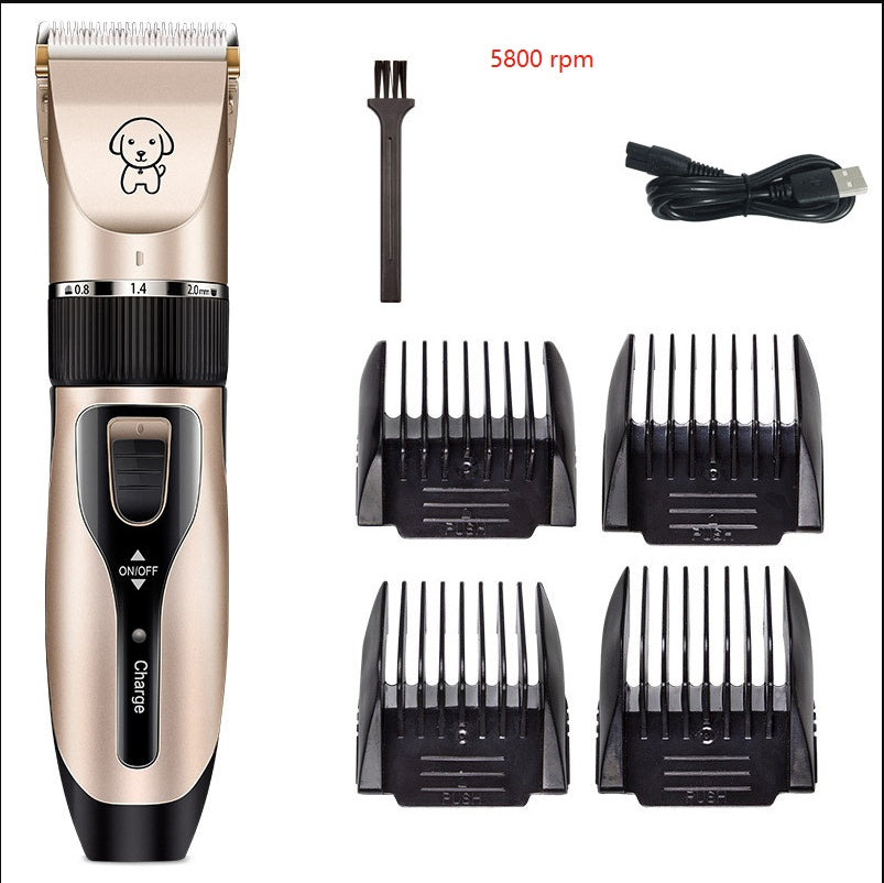 Hair trimmer set with attachments and charging cable on a white background
