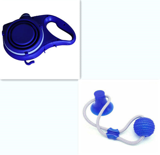 Blue pet training device with a ball on a white background