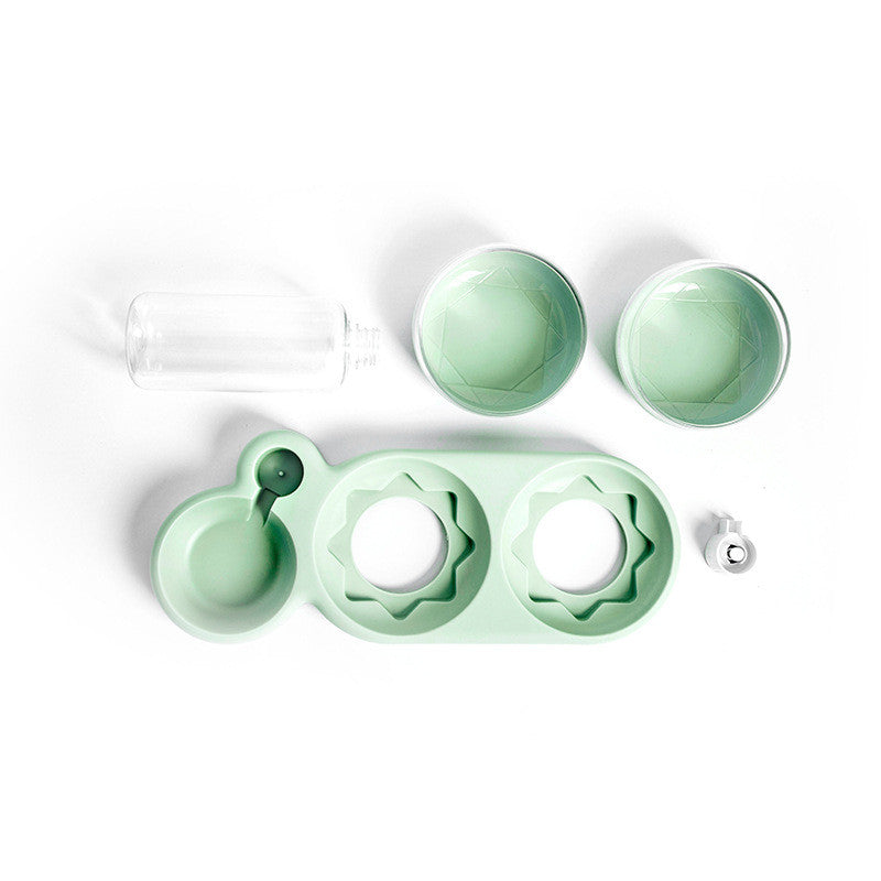 Side view of automatic pet feeder bowl showing dual food and water sections