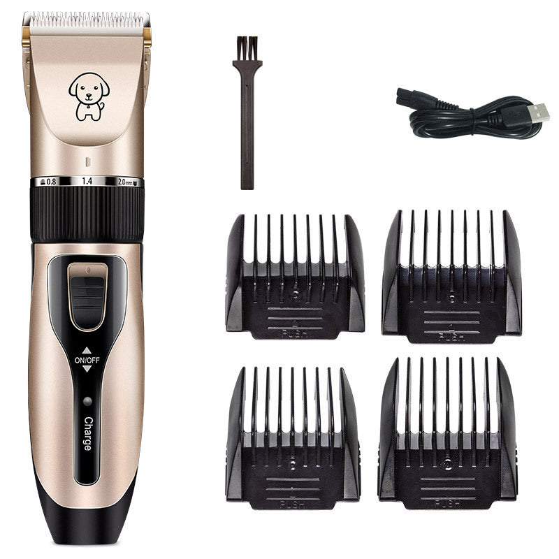 Pet grooming clipper set with attachments on a white background