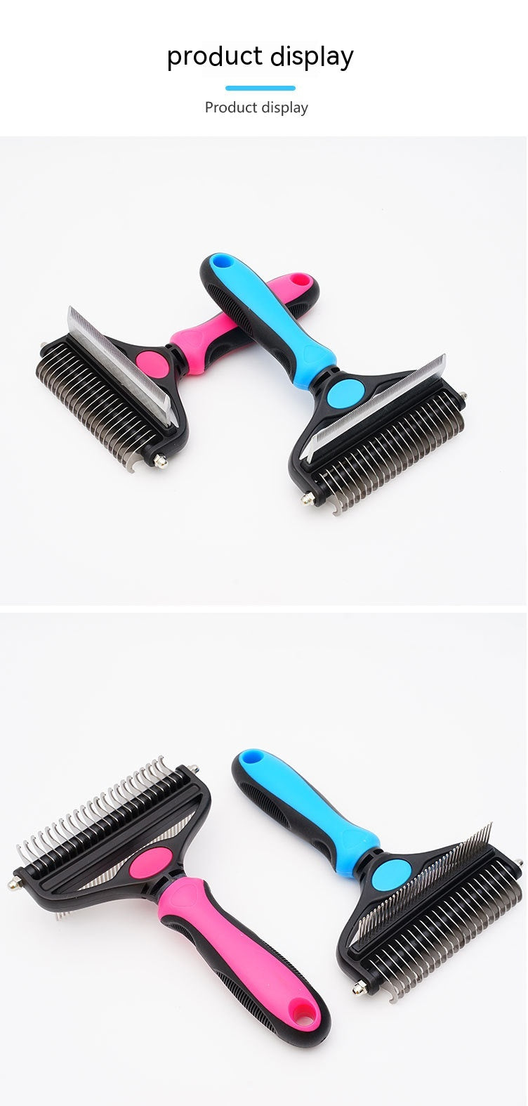 Close-up of stainless steel teeth on pet unknotting comb for gentle detangling