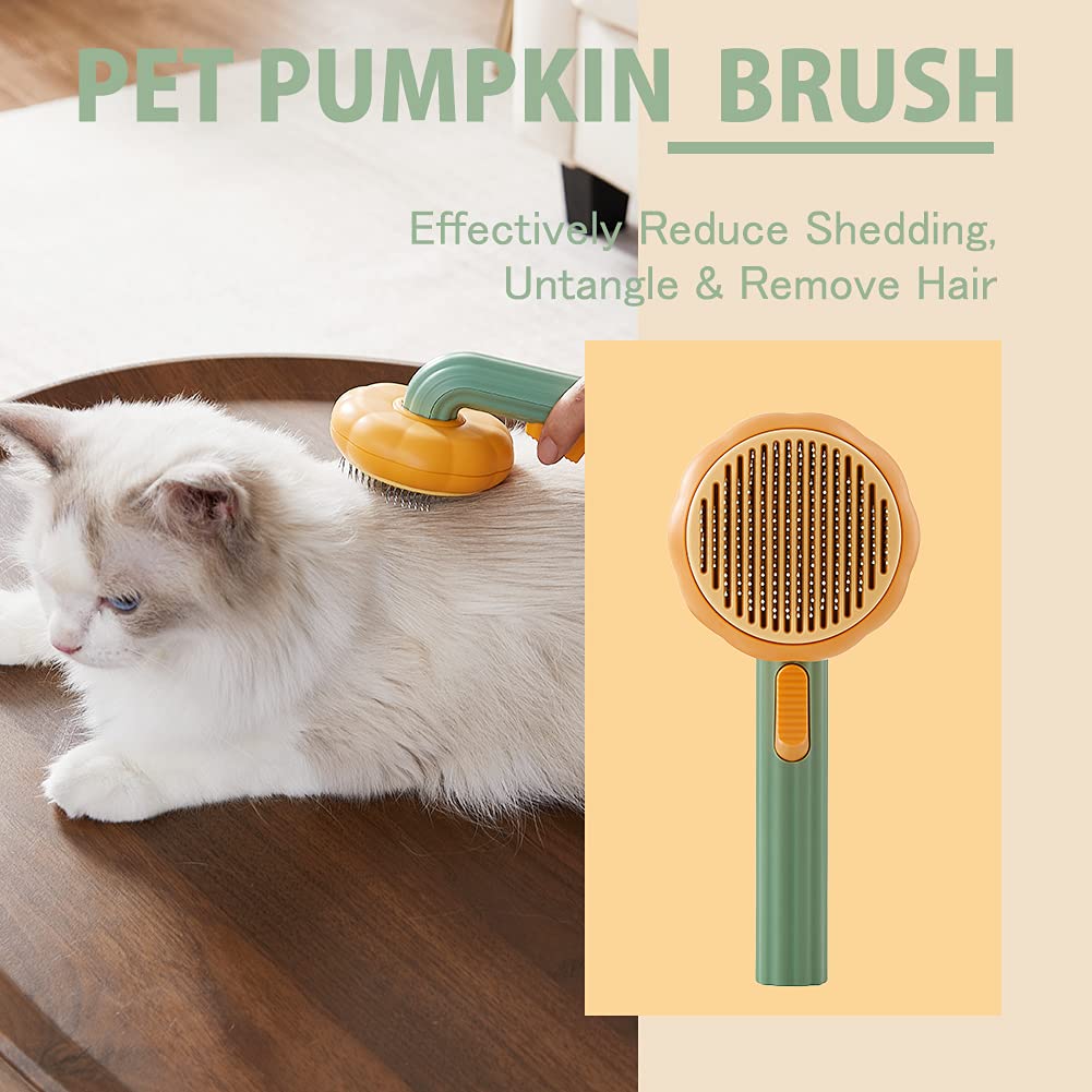 Pet pumpkin brush being used on a cat with text highlighting its benefits.