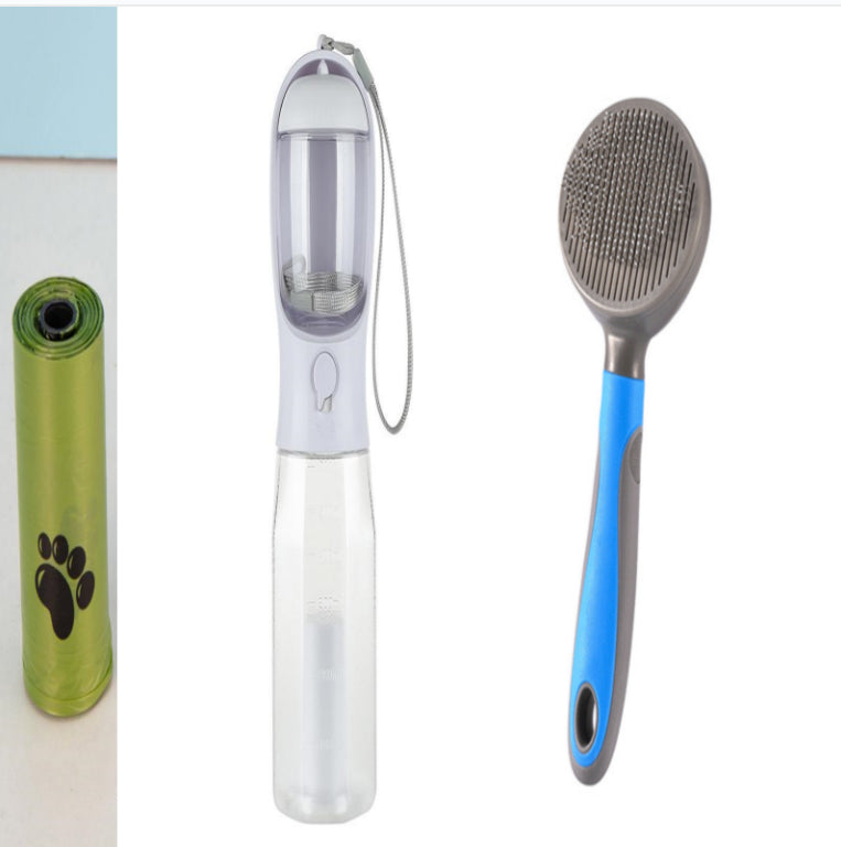 Pet grooming tools including a green roller, clear bottle with paw print, and blue-handled brush on a white background.