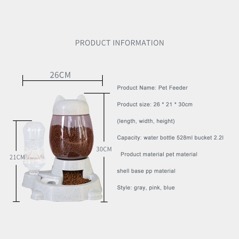 Pet feeder with dimensions and product information on a white background