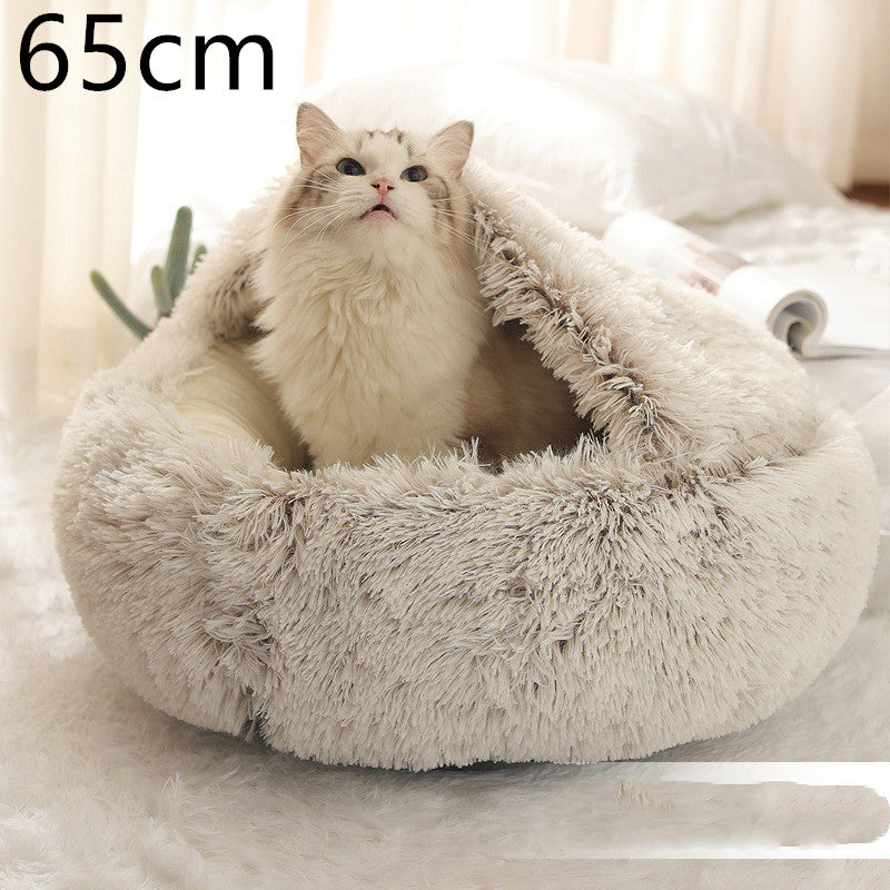 Cat sitting in a fluffy pet bed with dimensions indicated