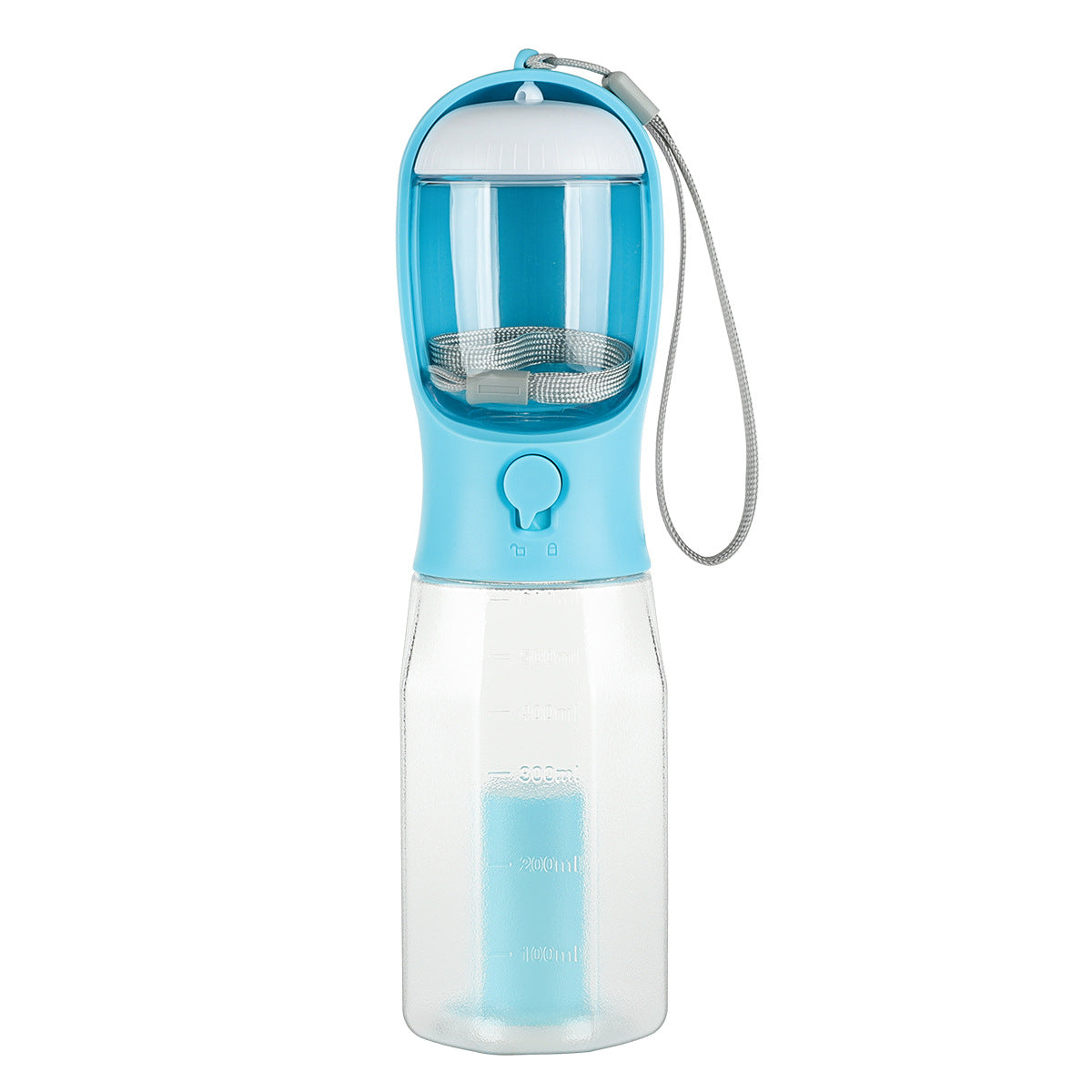 Portable pet water bottle with blue top and clear body on a white background