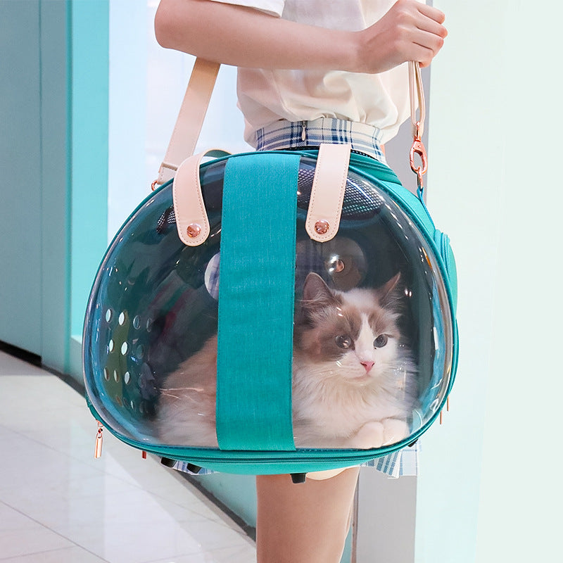 Front view of transparent pet backpack showing clear bubble dome design for pets