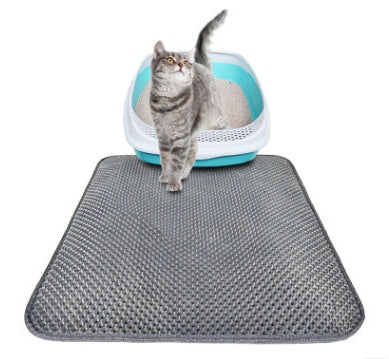 Cat walking on a textured mat with a pet bed in the background