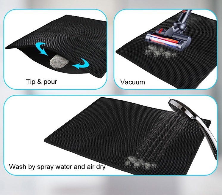 Black mat being used for tip and pour, vacuum cleaning, and washing with a shower head.