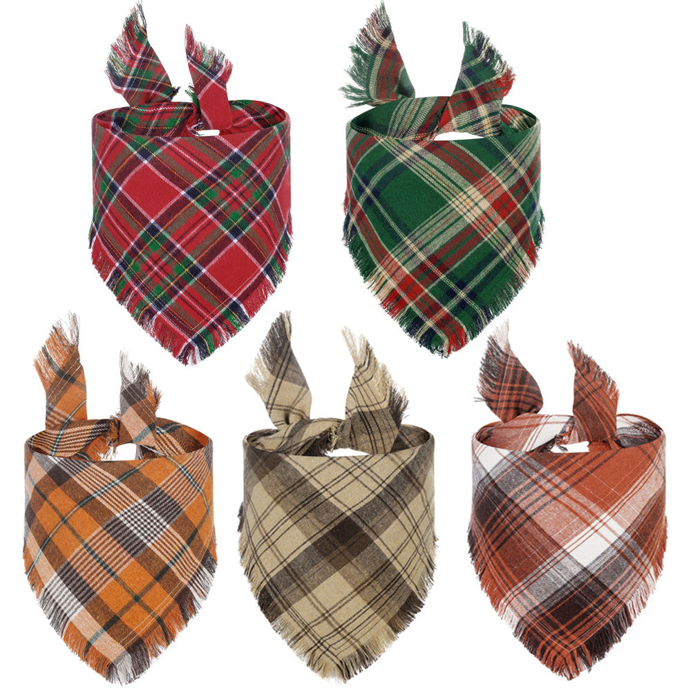 Set of five plaid dog bandanas in red, green, orange, beige, and brown on a white background.