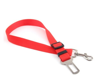Red dog leash with metal clip on a white background