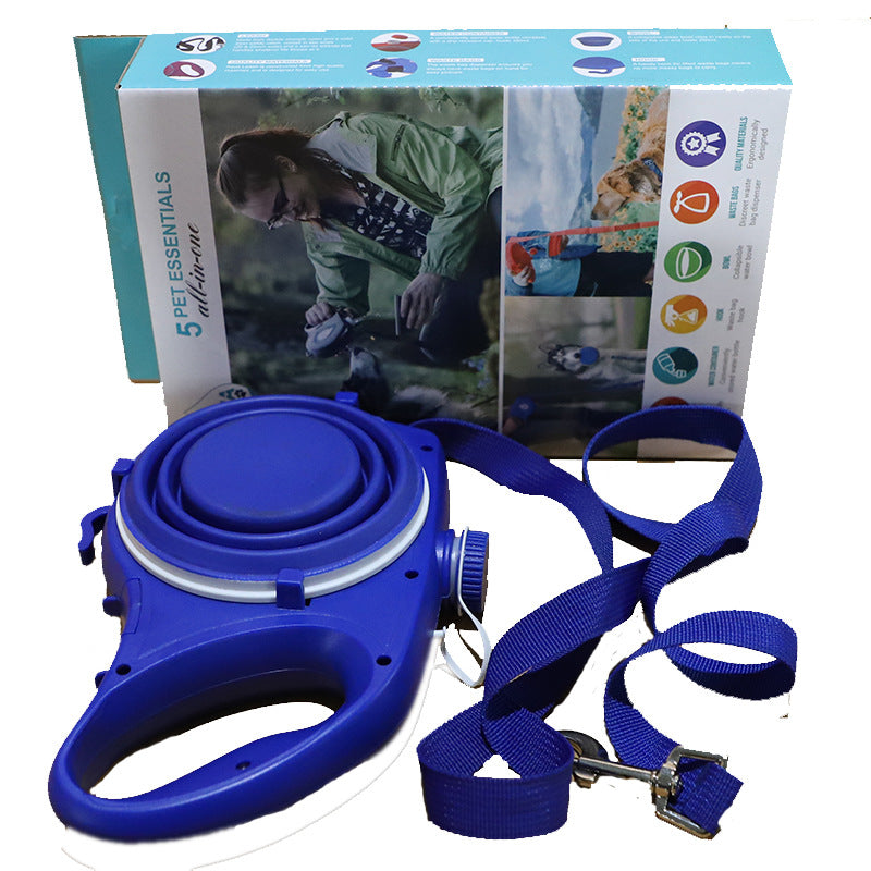Blue pet water bottle and leash set with a product box in the background