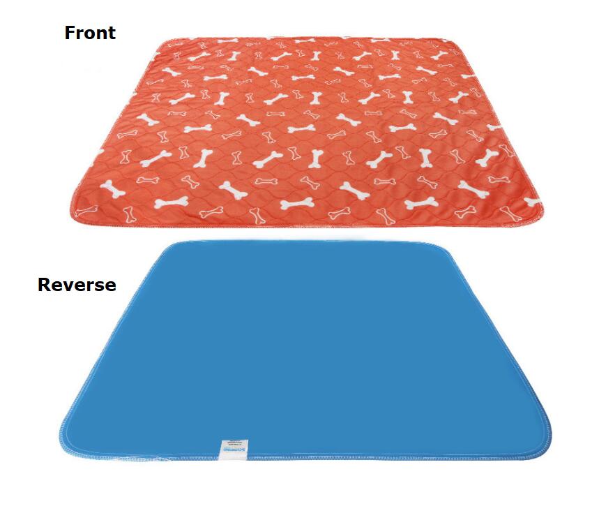 Two dog mats, one with a bone pattern and one solid blue, on a white background.