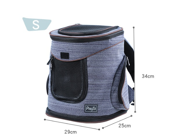 Small dog sitting inside pet backpack carrier during outdoor travel and walking