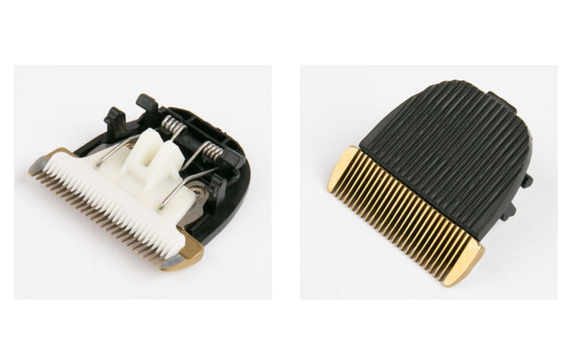 Two hair clipper heads, one black and white, the other black and gold, on a white background.