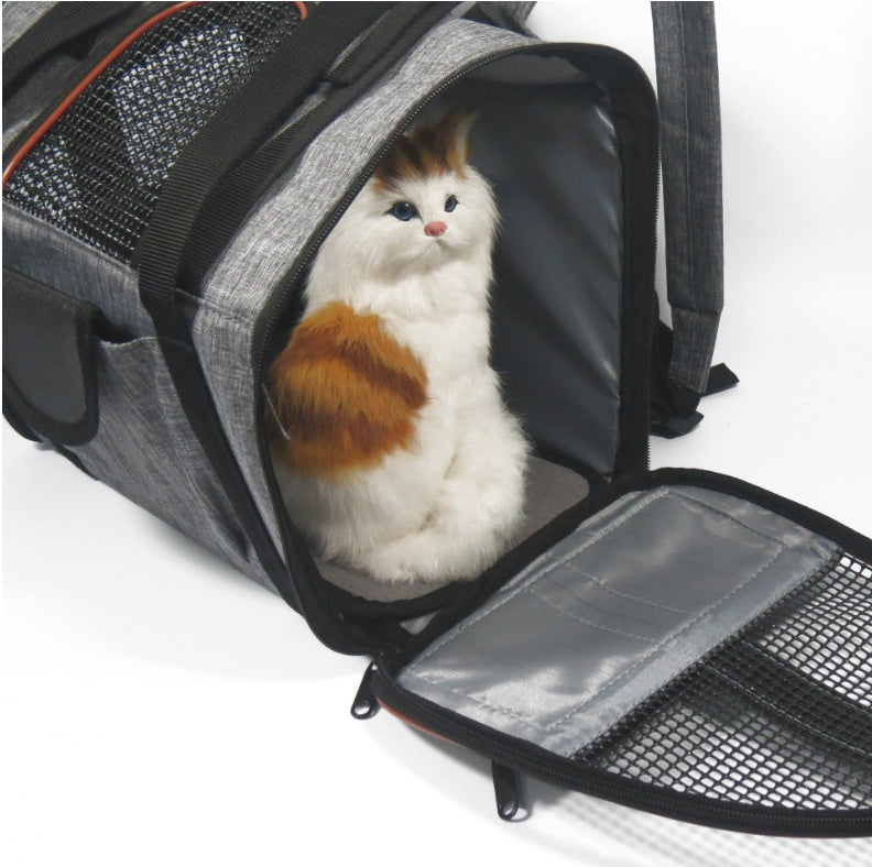 Cat sitting inside breathable carrier basket for comfortable and secure transport