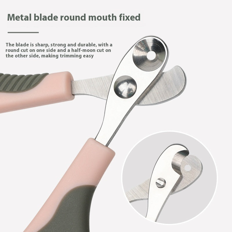 Close-up of pet nail clipper showing precision cutting blades and durable design