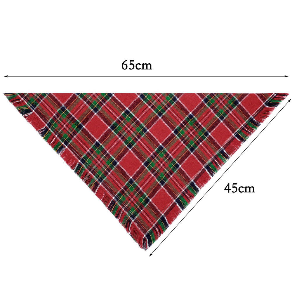 Red plaid triangle-shaped fabric with measurements on a white background