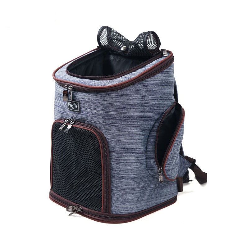 Adjustable padded shoulder straps on pet backpack for comfortable carrying support