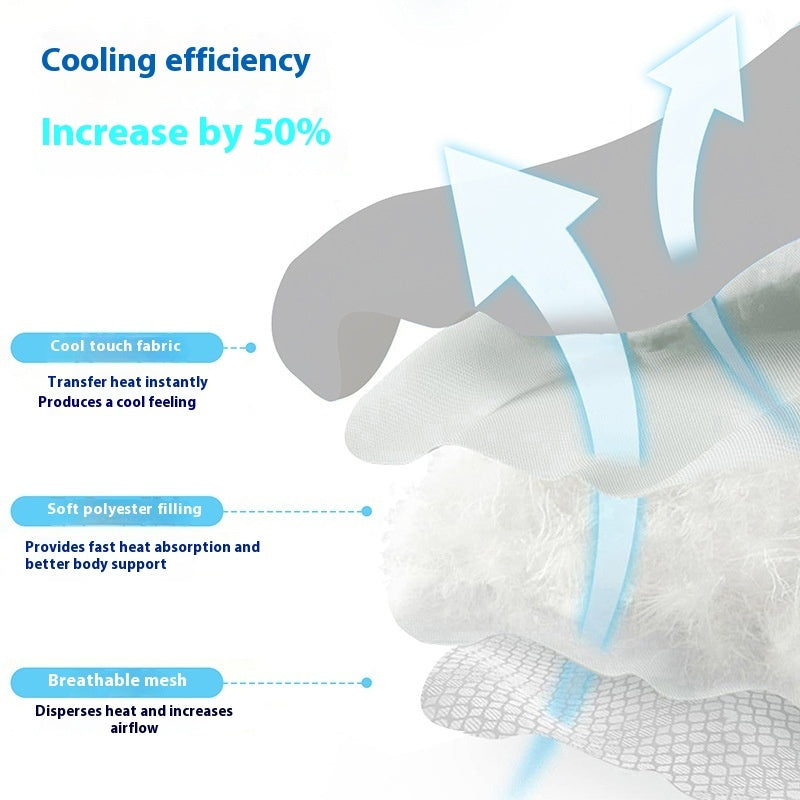 Illustration of a cooling pillow with text highlighting its features and benefits.