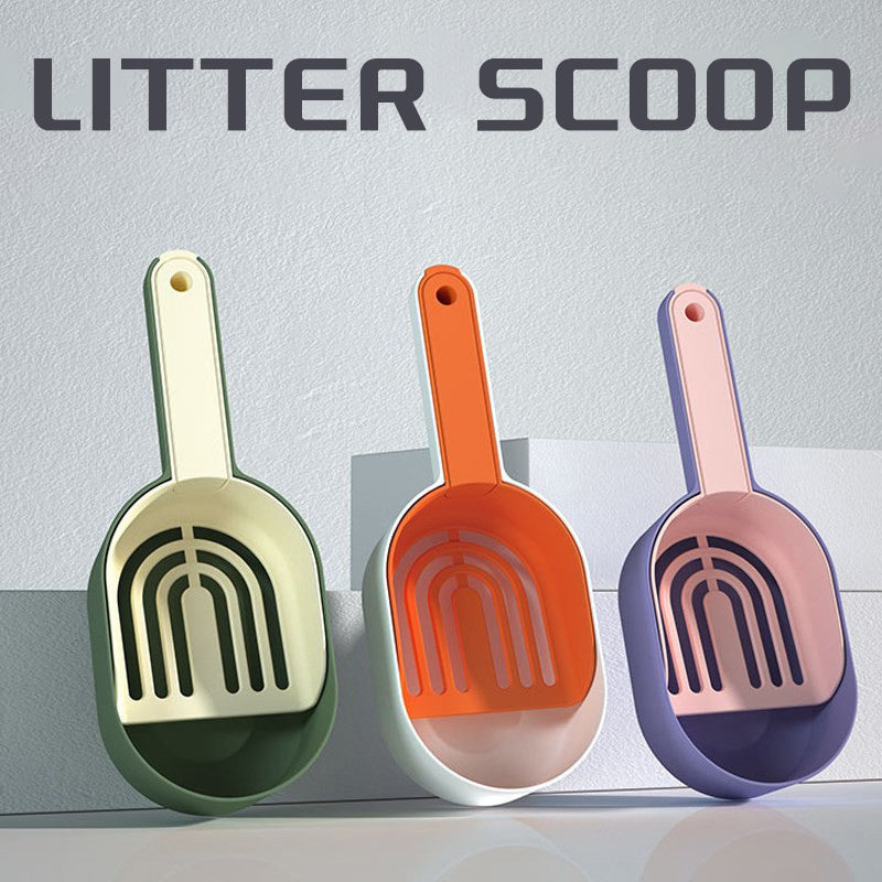 Three colorful litter scoops on a light gray background with 'LITTER SCOOP' text above.