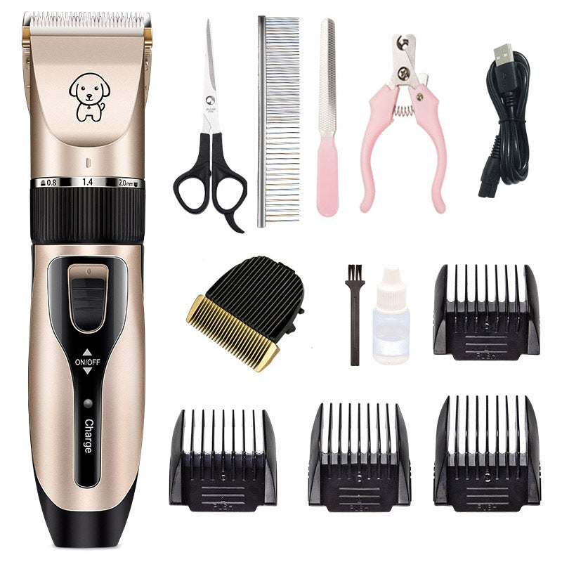 Pet grooming kit with clipper, scissors, comb, and other tools on a white background