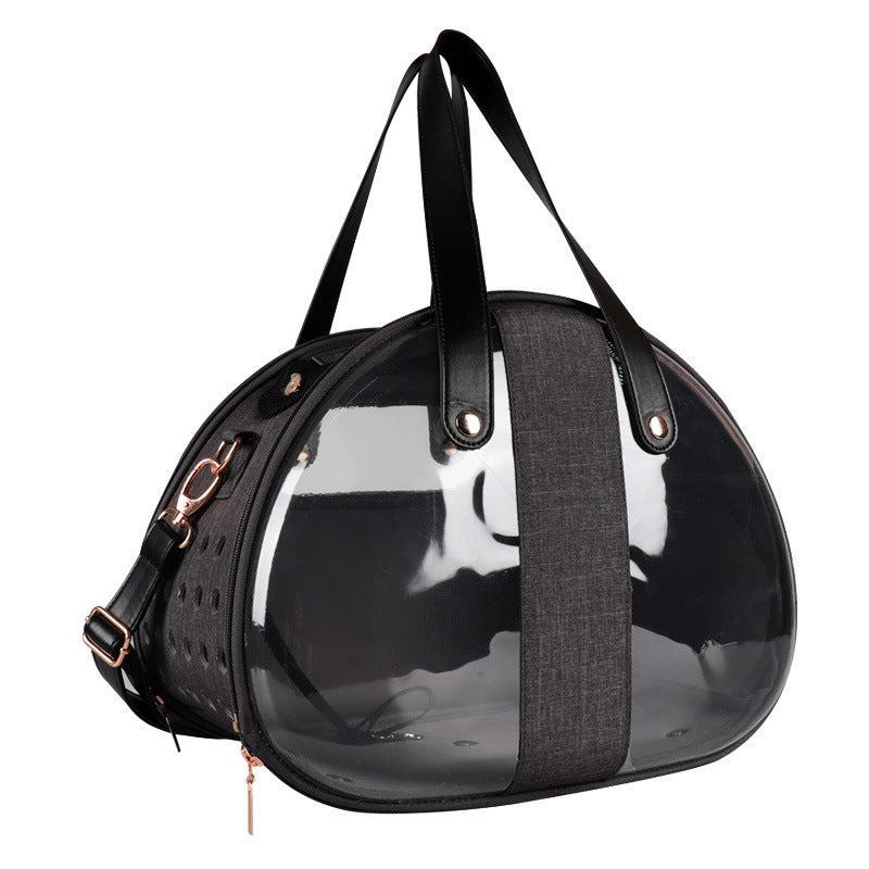 Close-up of clear bubble window pet backpack providing wide visibility for cats and small dogs