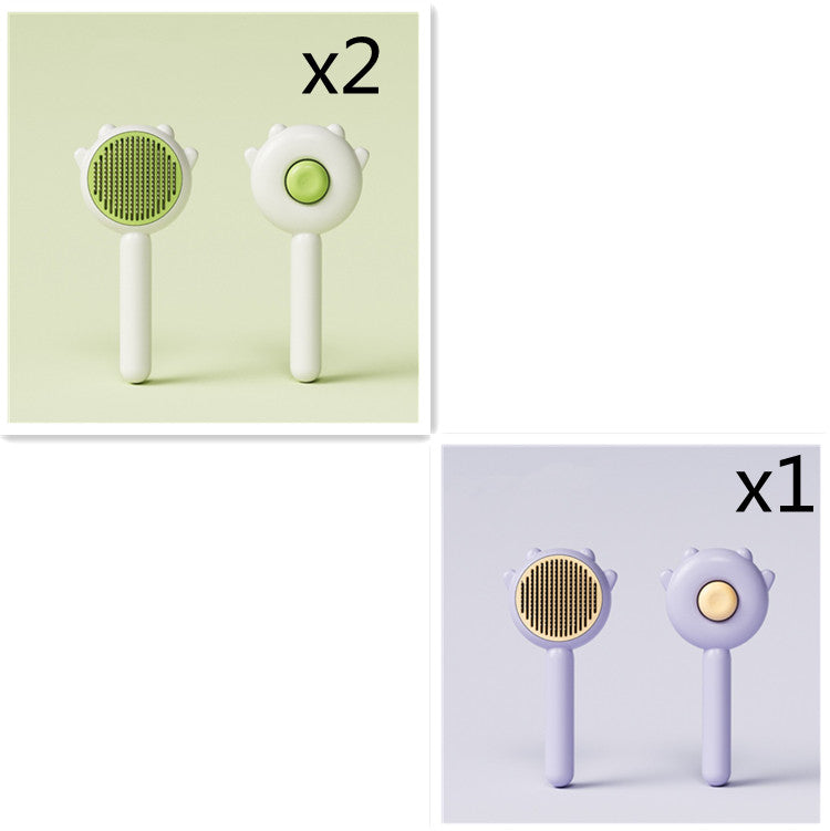 Two green pet grooming tools on a light green background with 'x2' text, and one purple tool on a white background with 'x1' text.