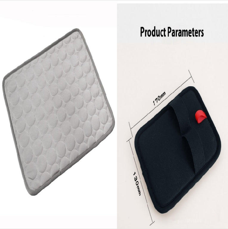 Gray textured mat on the left and black mat with red button on the right, showing product parameters.