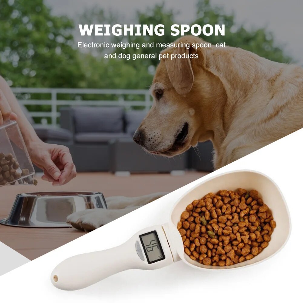 Pet food being measured with digital spoon scale for precise feeding portions
