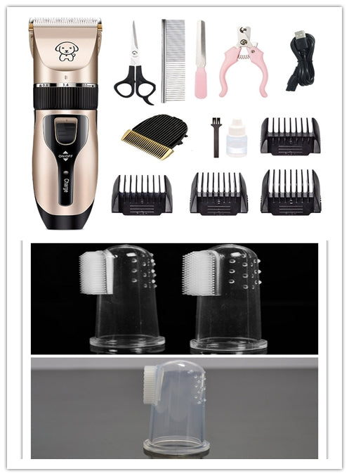 Pet grooming kit with hair clipper, scissors, combs, and other tools on a white background.