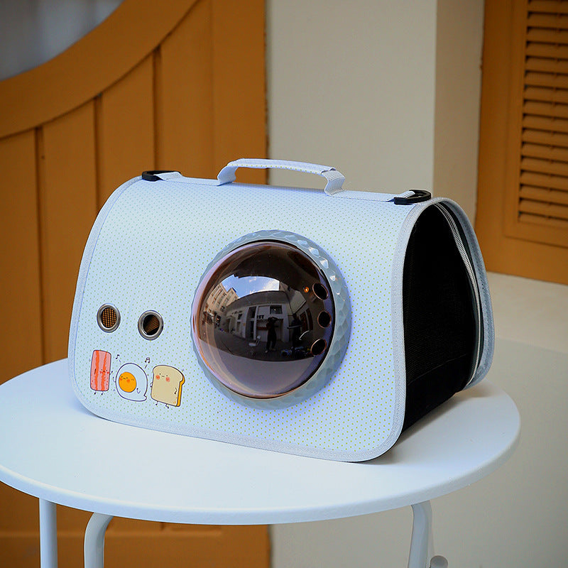 Pet carrier with cartoon stickers on a white surface