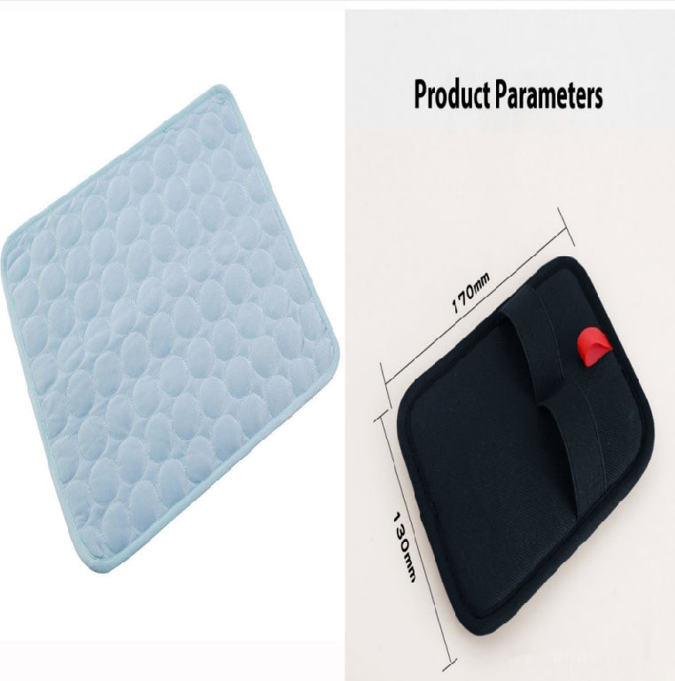 Light blue quilted square pad and black rectangular pad with red button on a white background