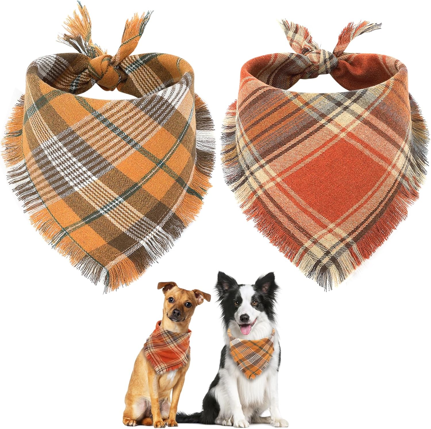 Two plaid dog bandanas with fringes, one orange and white, the other red and brown, on a white background with two dogs wearing them.