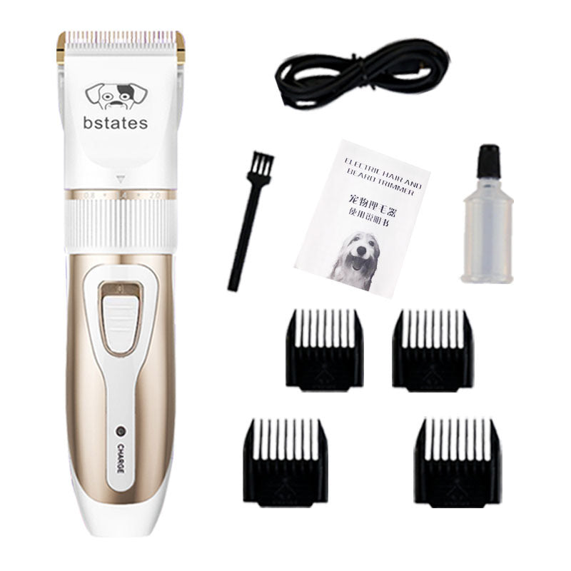 Pet grooming trimmer set with attachments and accessories on a white background