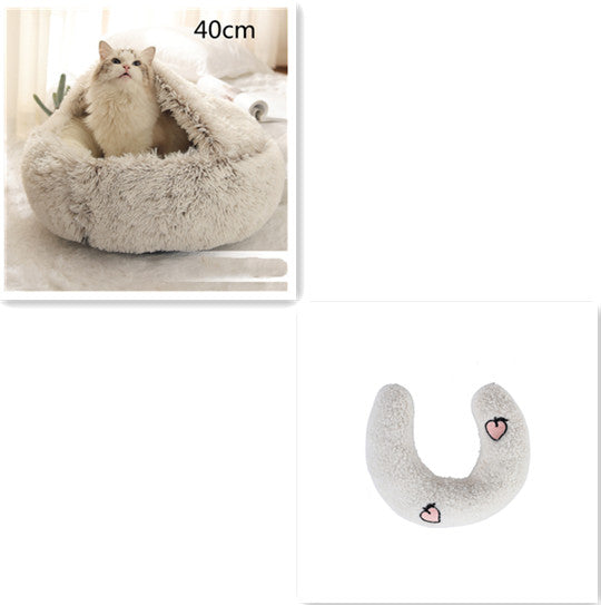 Cat lying in a fluffy pet bed with a close-up of a similar product on a white background.