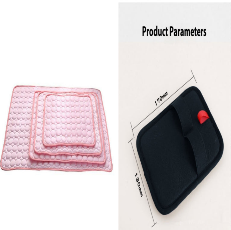 Pink textured mat and black rectangular product with measurements on a white background