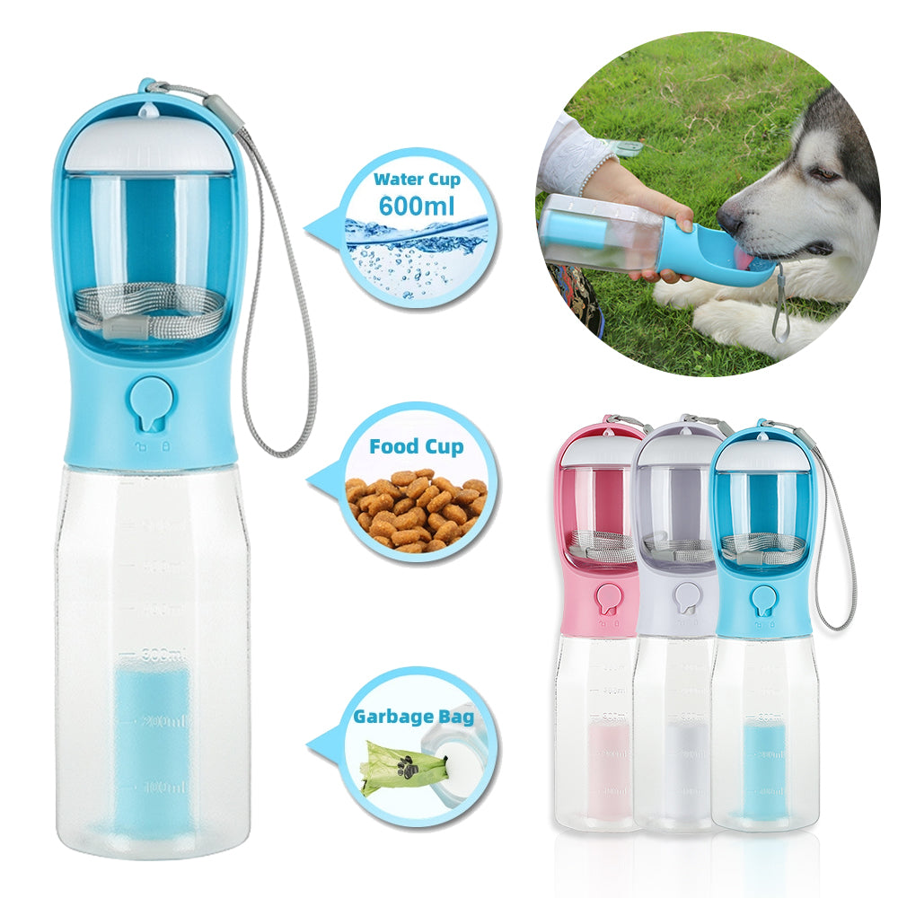 Portable pet water and food dispenser with additional features on a white background