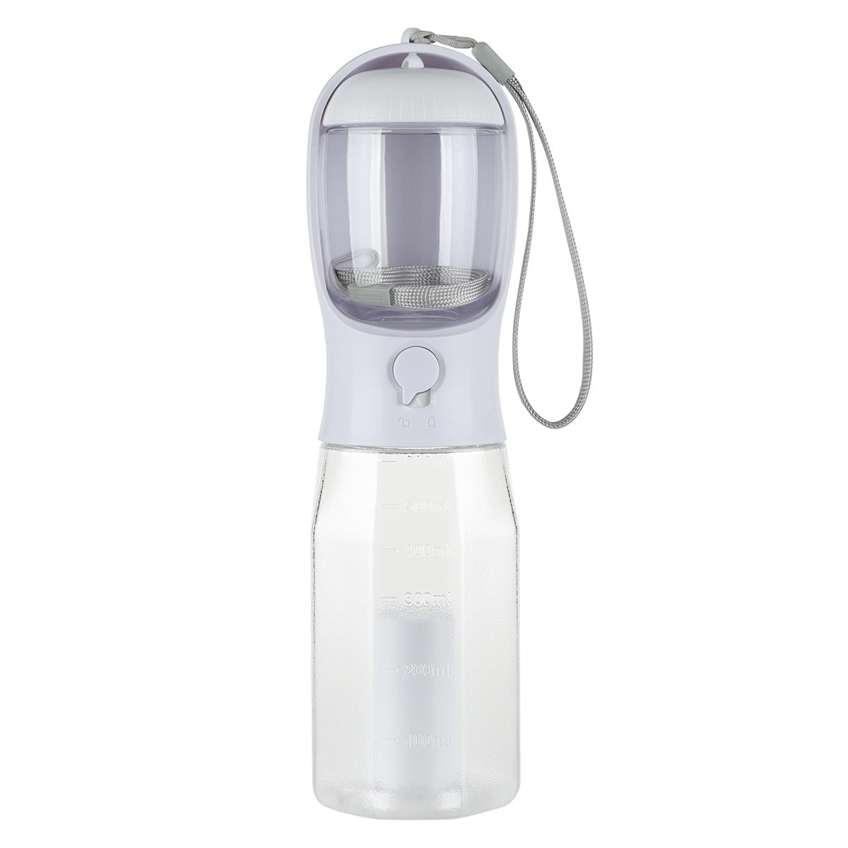 Clear water bottle with white cap and handle on a white background
