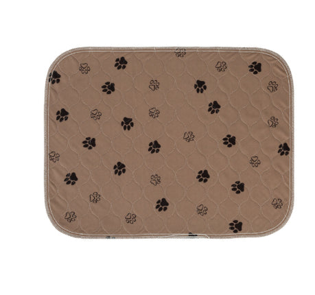 Brown pet mat with black paw prints on a white background